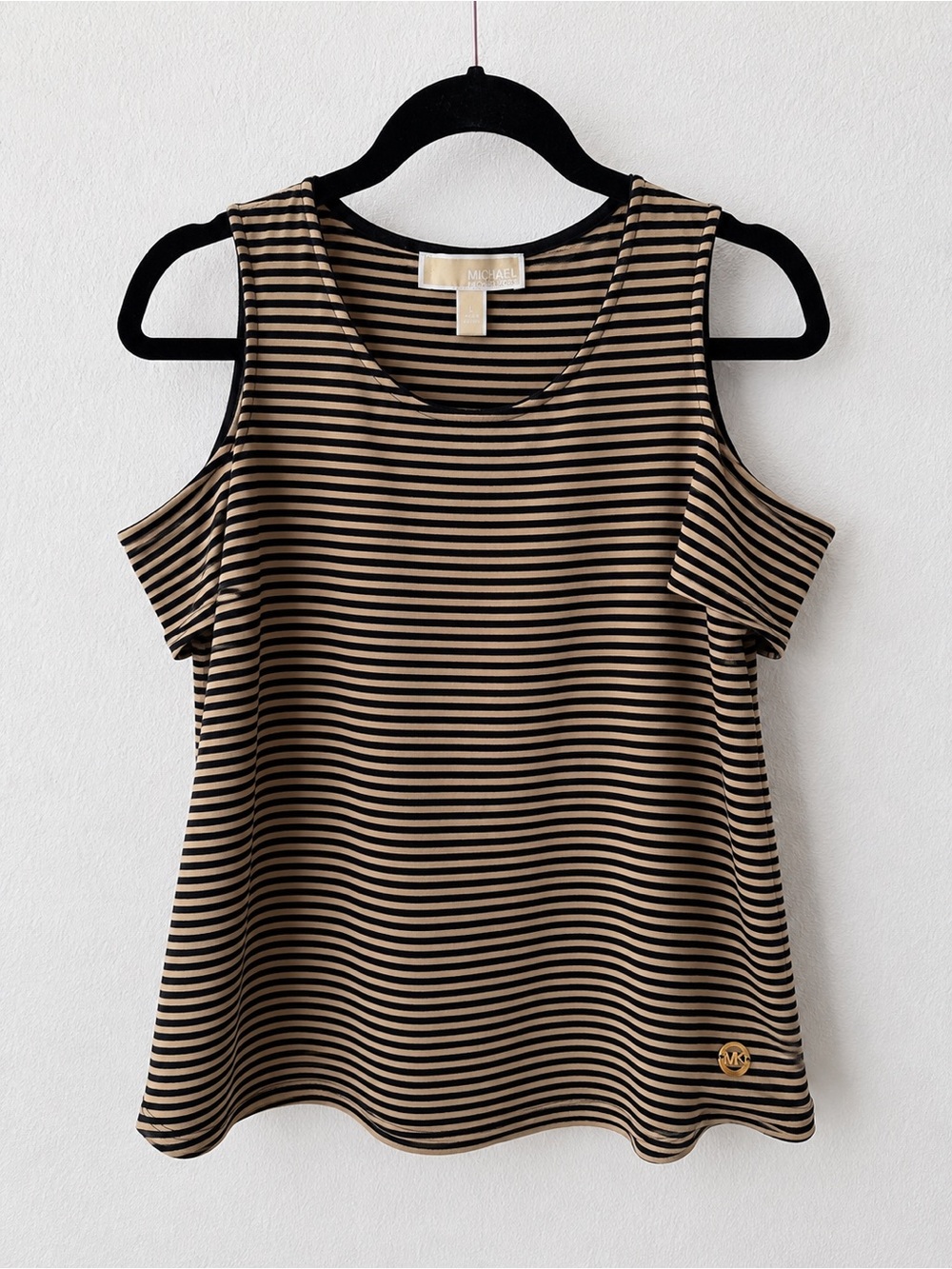 MICHAEL Michael Kors Black Tan Striped Cold Shoulder Sleeveless Top Large